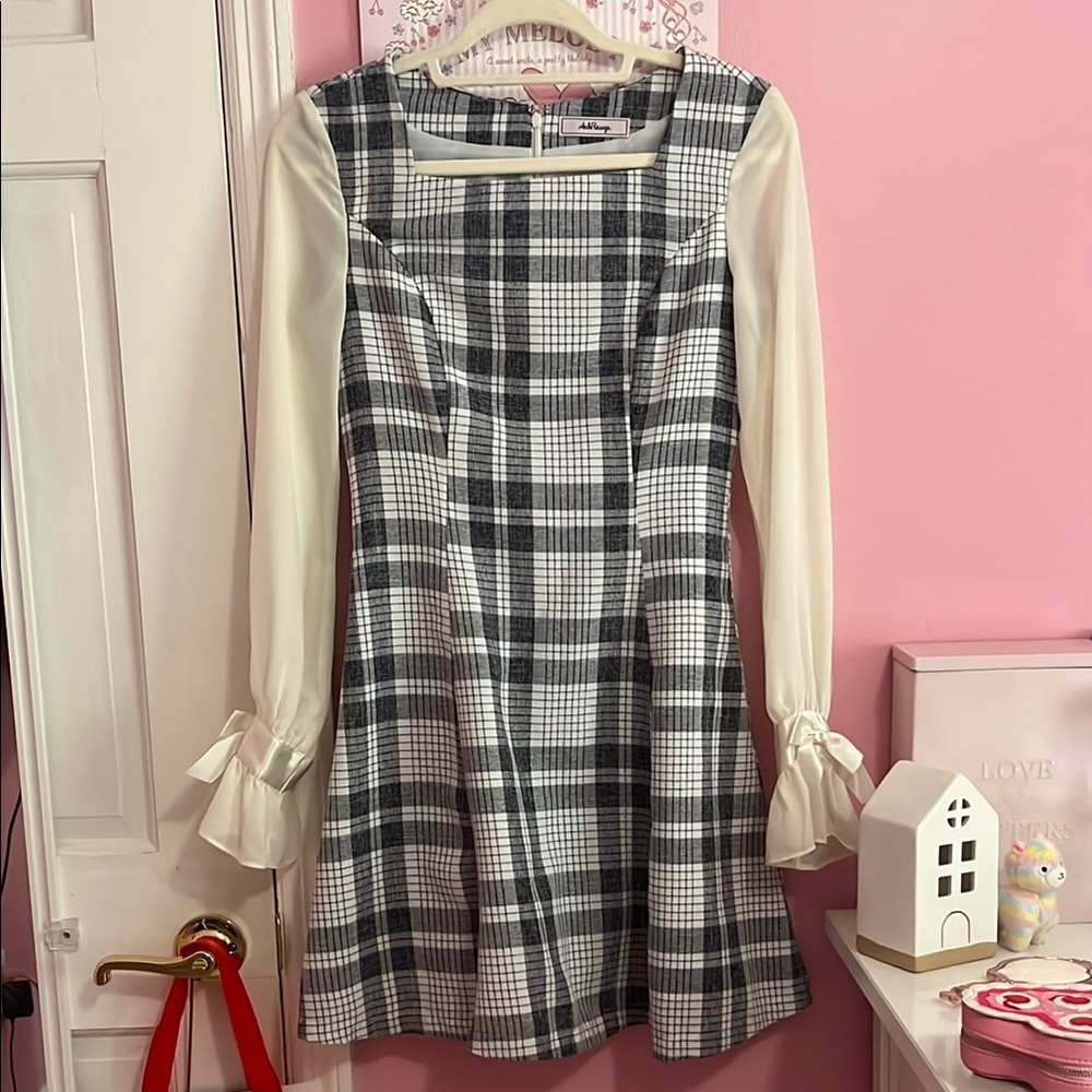Ank Rouge Ryousangata Jirai Kei Fashion Plaid Dress with Sheer Sleeves